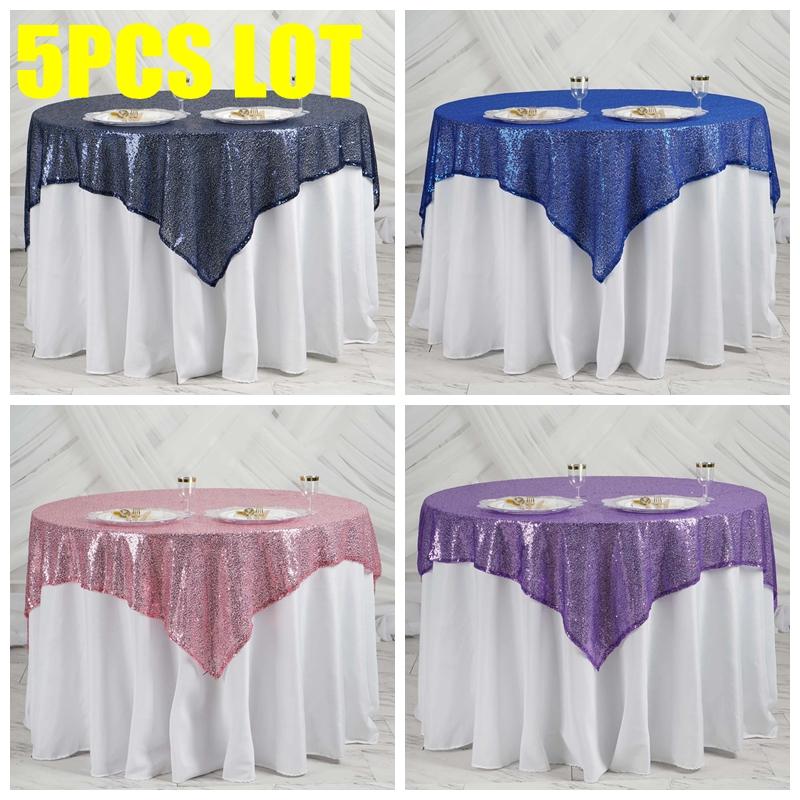 

Table Cloth 5pcs Lot 152x152cm Glitter Sequin Tablecloth Overlay Poly For Wedding Event Party El Decoration, Purple