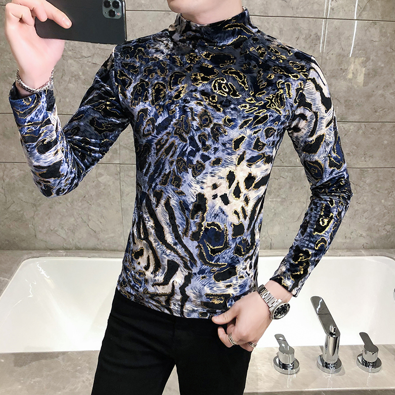 

2021 New Mode -blue Leopard Print T-shirt Male All Men's Long Games Man's T-shirts Thin Fit Streetwear Turtleneck High Pullovers Kjso, The photo show