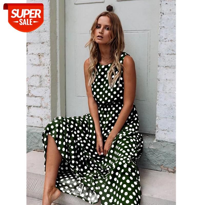 

Summer Sleeveless Polka Dot Print Women Midi Dress Casual Fashion Dresses A-Line Boho Elegant Beach Long Dress Vestidos #EA03, Black;gray