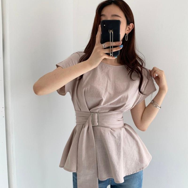 

Women's Blouses & Shirts Chic Minimalism Gentle Solid O Neck Short Sleeve Lace Up Waist Slim Ruffles Hem Blouse Women Blusas Mujer Bandage S, White