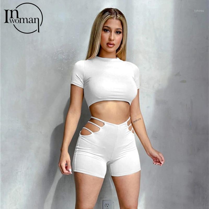

Women' Tracksuits Inwoman White 2 Piece Sets Tight Womens Outfits Hollow Out Sexy Summer Two Shorts Tracksuit Crop Top Matching, Black