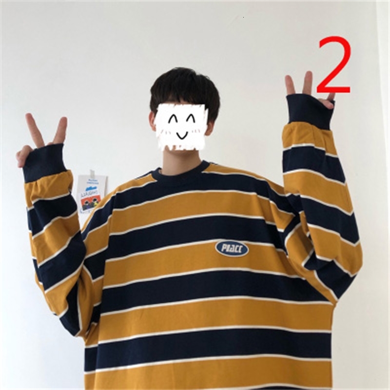 

2021 New Spring Men's Striped Korean Loose Round Neck Sweatshirt Teen Wild Undershirt Tide Wvwm