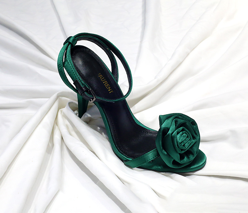 

Women's open-toed Leather Sandals, Stiletto silk face rose flower high heels, Size:35-40,green, Black