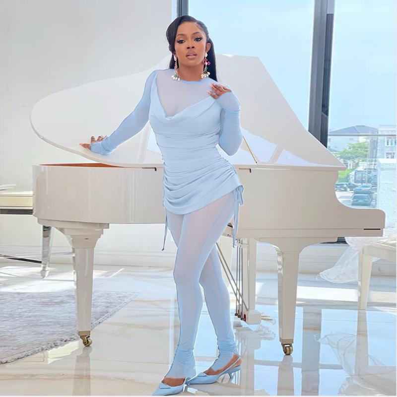 

Women's Two Piece Pants EWSFV 2022 Autumn And Winter Women Style Fashion Solid Color Sling Drawstring Mesh + Jumpsuit Suit, White