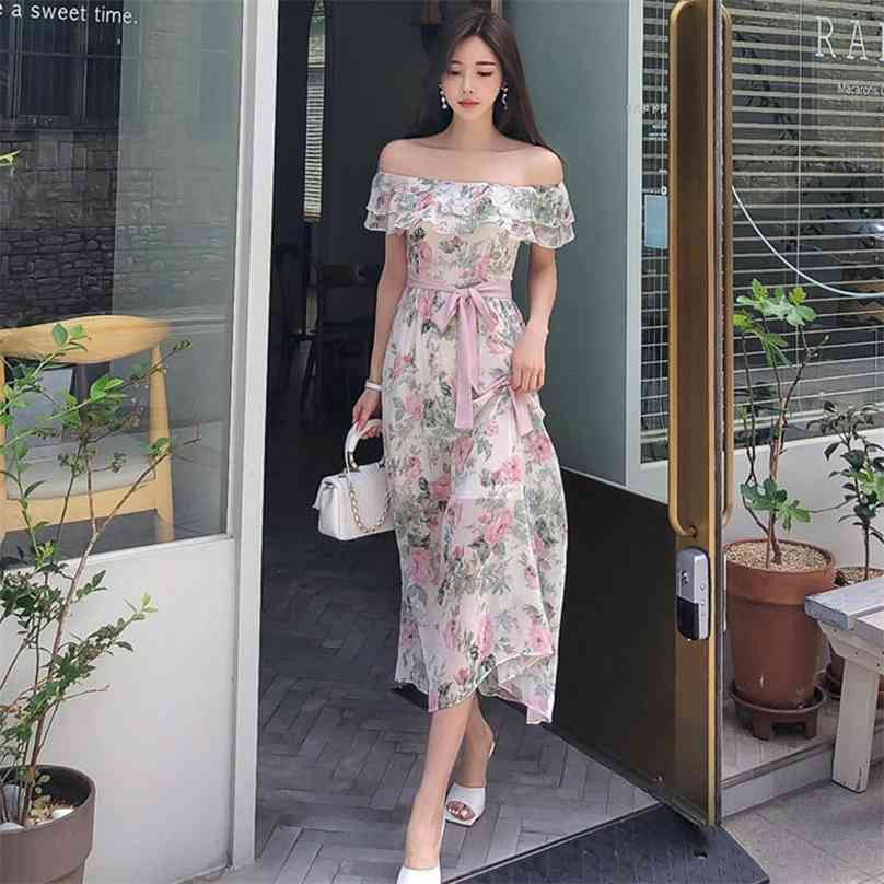 

Long Floral Dress for women Summer korea ruffle Sleeveless Off shoulder chiffon sundress Sexy Ladies elegant print maxi Dresses 210602, Design and color