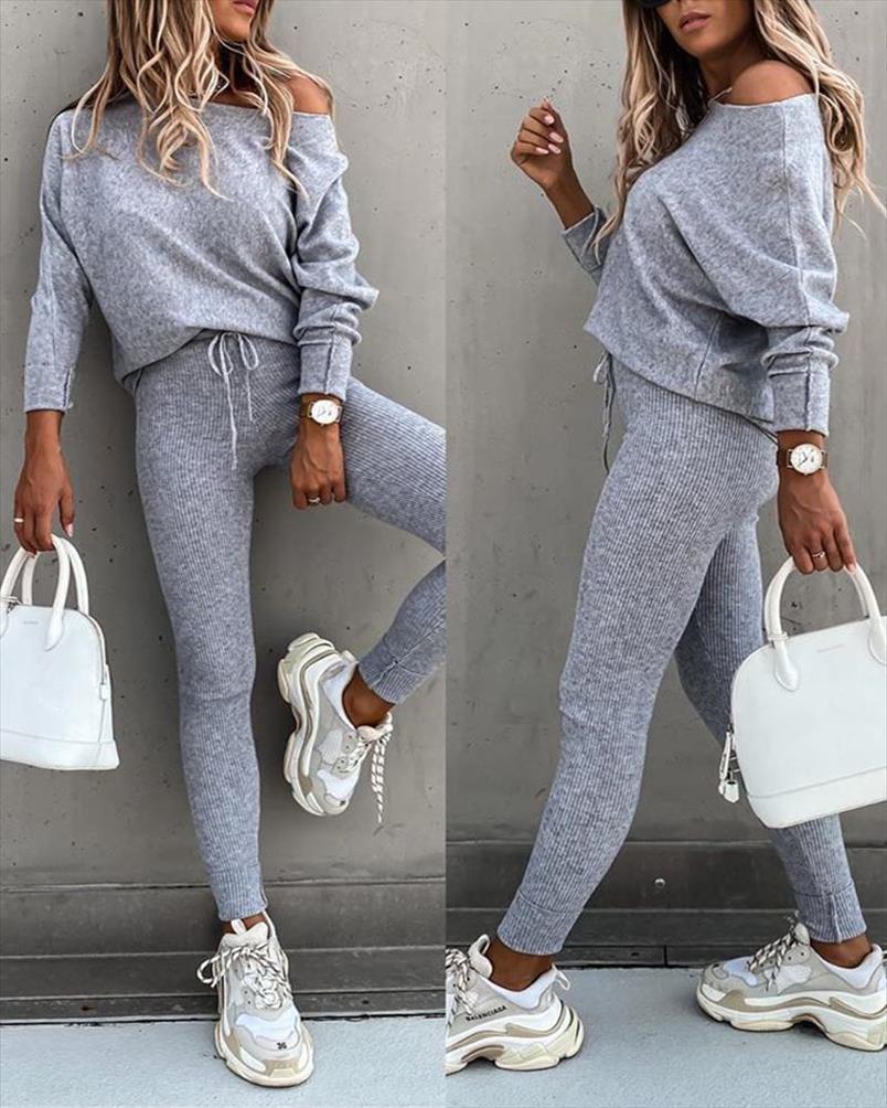 

sportswear fashion casual solid women tracksuits fit one shoulder long pants set sleeve amp high waist drawstring, Gray