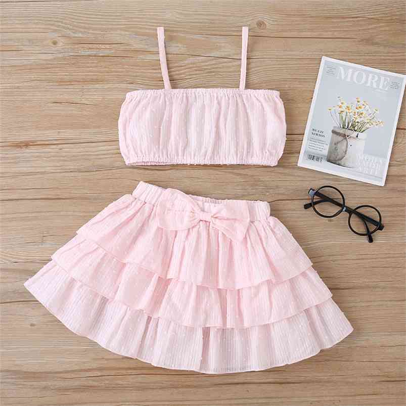 

Summer Children Sets Casual Strap Solid Tops Pink Bow Cake Skirt 2Pcs Girl Clothes 18M-6 210629