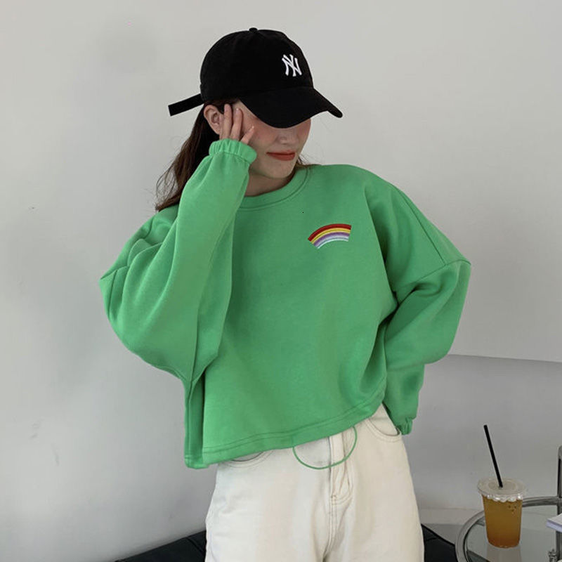 

2021 New Deeptown Raiow Bordado Moda Casual Topos De Cintura Alta Pulver Slido Manga Comprida Solto Preto Hoodie Feminino 9ozf, Green