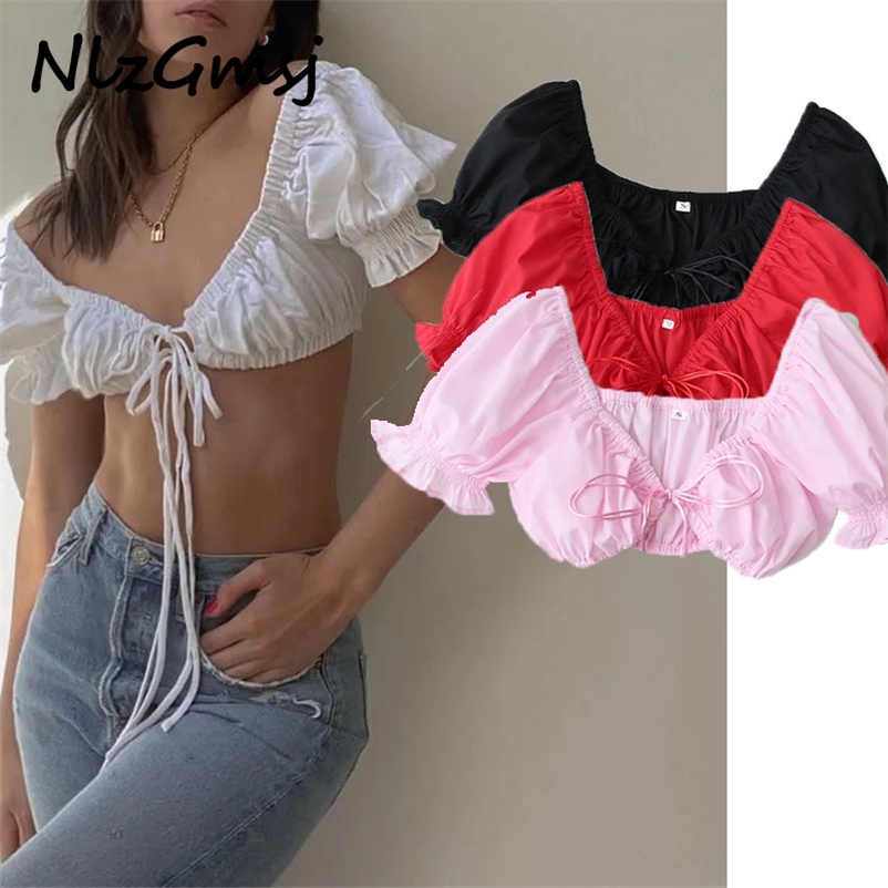 

Blouse Women Black White Lace Up Bow tie Sexy Short Vintage pullover female top 04 210628, As picture