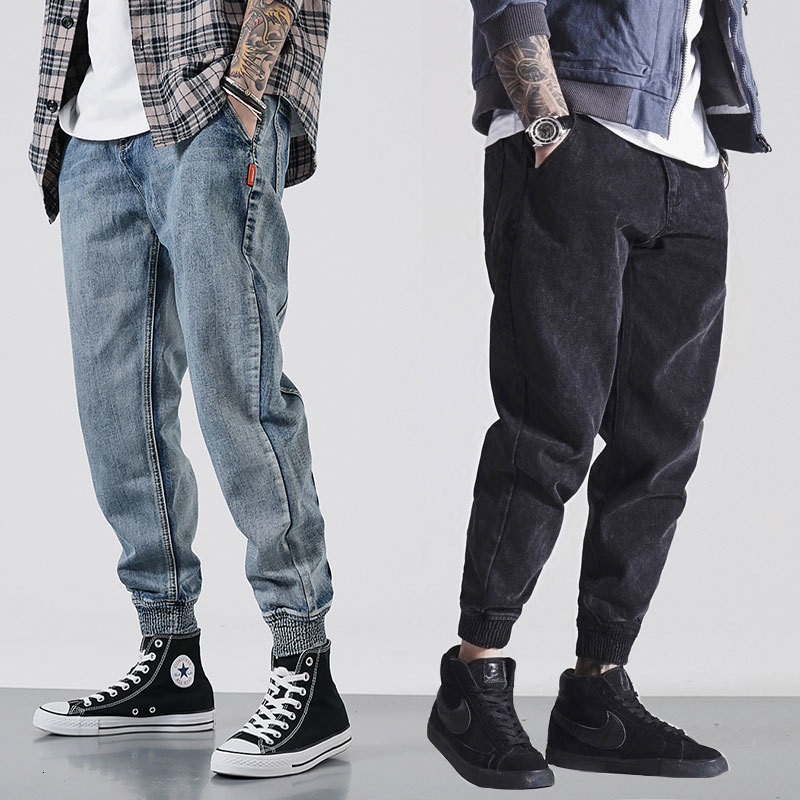 

2021 New Japanese Vintage Fashion Loose Fit Black Blue Color Spliced Designer Denim Cargo Pants Slack Bottom Hip Hop Jeans Men Lkaa