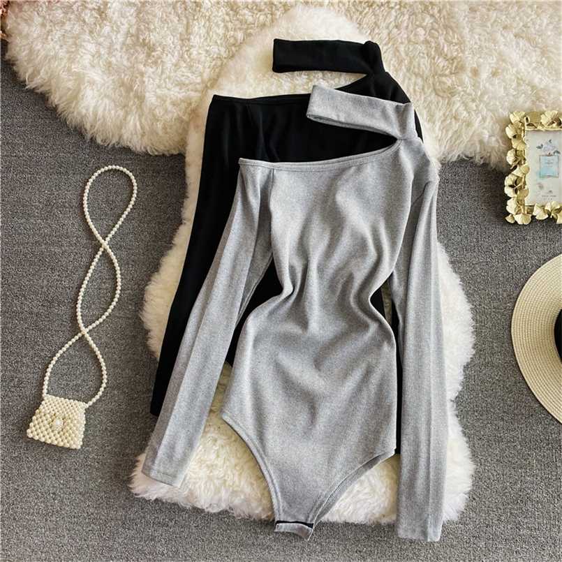 

Women Solid Knitted Bodysuit Halter Neck One Shoulder Long Sleeve Skinny Jumpsuit Chic Off shoulder Body Top Bodysuits 211110, Light gray