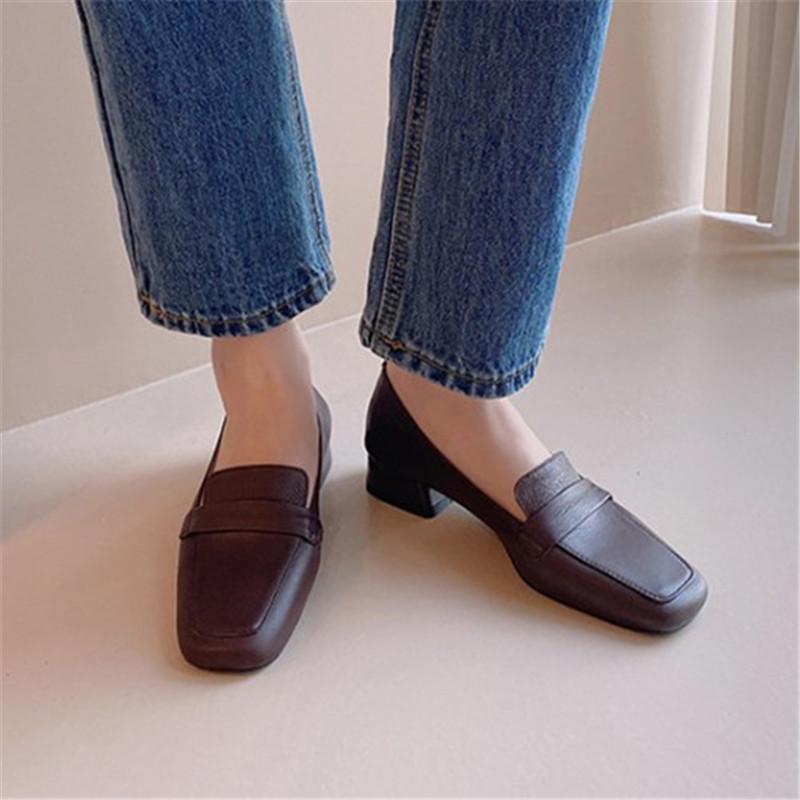 

Dress Shoes PXELENA High Quality Women Loafers Full Genuine Leather 2021 Autumn Spring Square Toe Med Heels Slip On Soft Lady Pumps 40, Brown