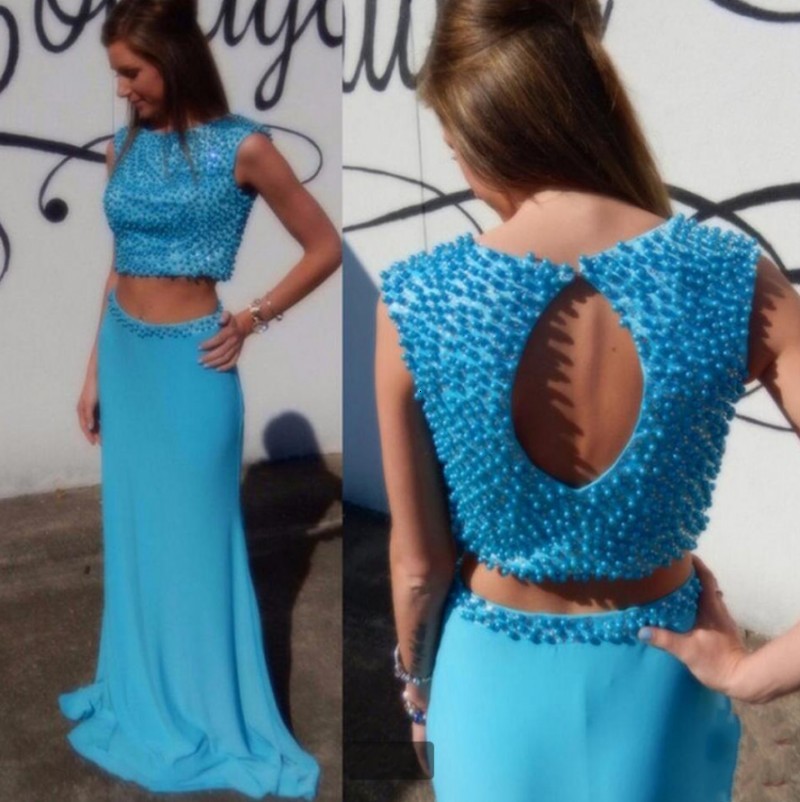 

2021 New Blue Pearls Long Two Pieces Prom Evening Gowns Mermaid Hollow Back Formal Party Es Robe De Soiree I2nu