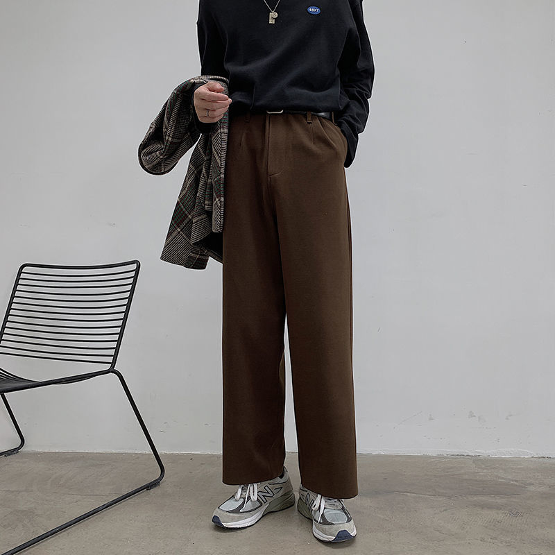 

2021 New Korean Style Winter Men's Thickened Woolen Cargo Baggy Loose Straight Casual Pants Streetwear Black/brown Trousers S-2xl Zzy6