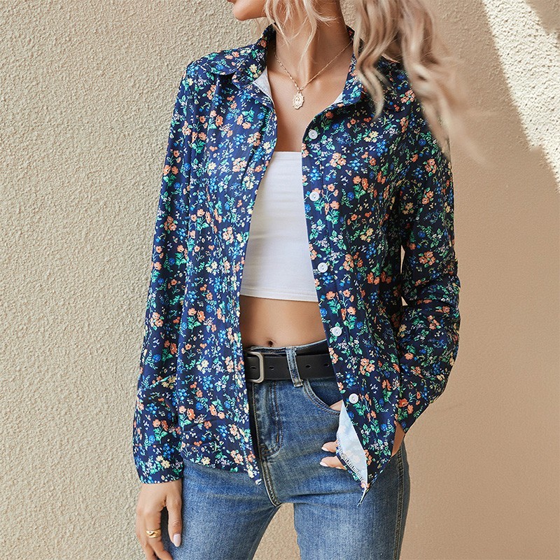 

2021 New Fashion Floral Women Blouse Turn-down Collar Long Sleeve Elegant Office Ladies Shirts Casual Plus Size Tops and Blouses Kq63, Blue