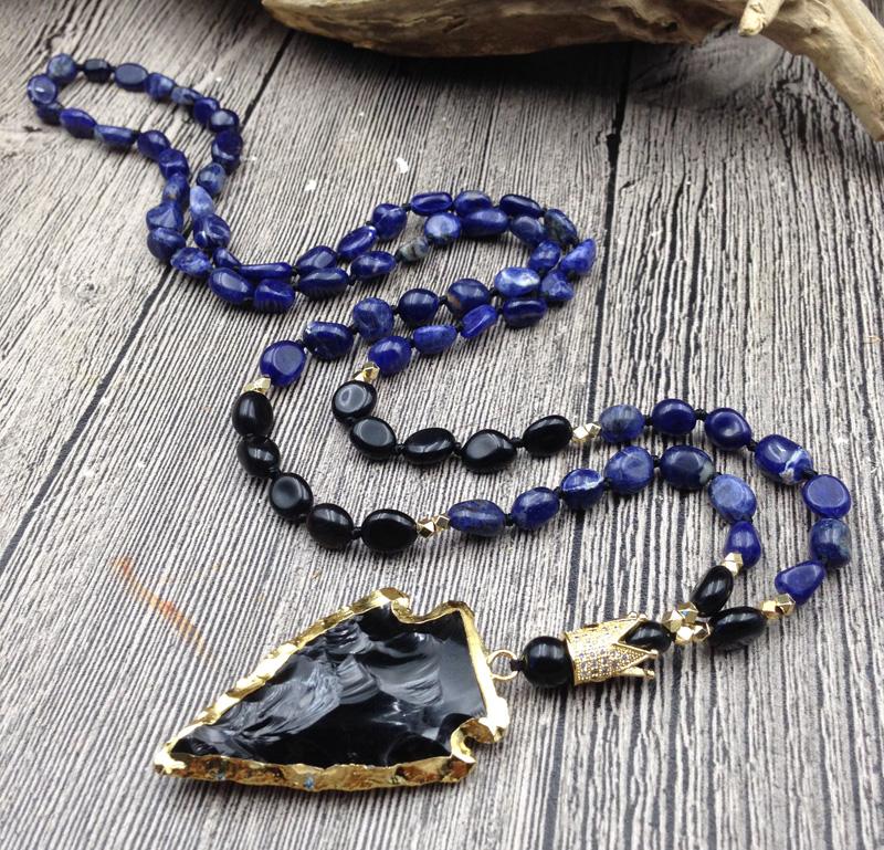 Pendant Necklaces YA2825 Obisidan Stone Arrow Sodalite Irregular Nugget Beads Knot Handmade Necklace-image-703416245