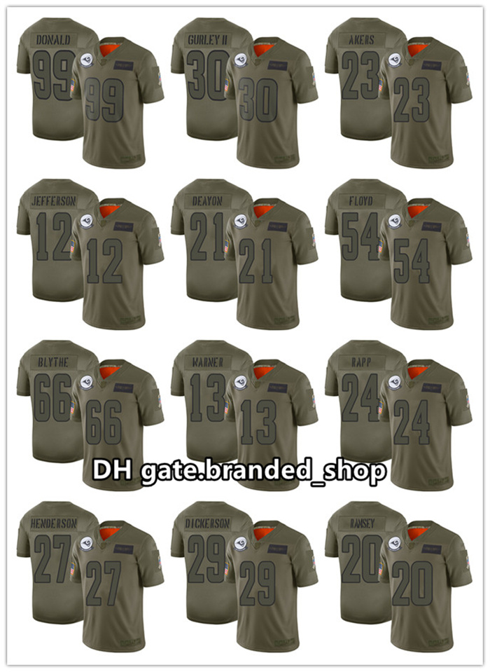 

Los Angeles Rams men 99 Aaron Donald 20 Jalen Ramsey 30 Todd Gurley II Women Youth Olive Salute To Service Limited 2021 Jersey, Black;red