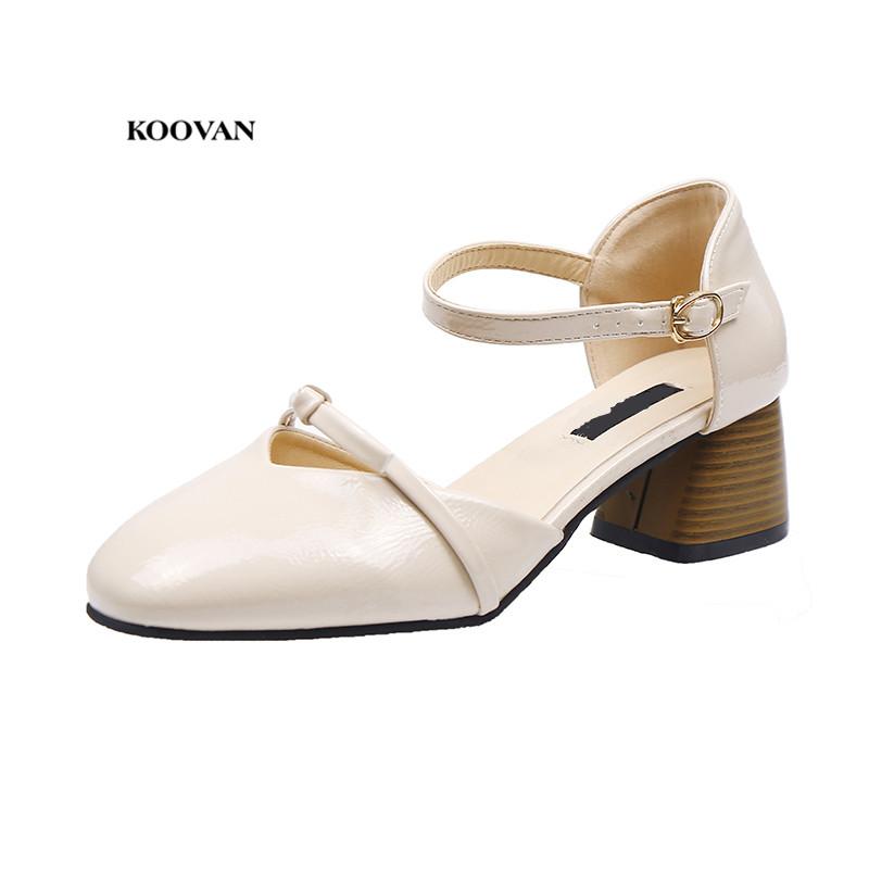 

Koovan Women's Sandals 2021 Female Summer Students Thick Heel Bow Buckle Shoes New Soft High Heeled Women Shoes Pumps, Beige