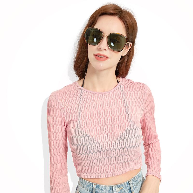 

Women' Swimwear LVKA Ity Summer European And American T-Shirt Sexy Perspective Pink Crew Short Top Beach Cover-Ups, White