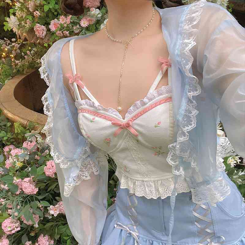 

white backless beach sweet women tanks cute summer floral kawaii halter lace print party korean fashion clothing