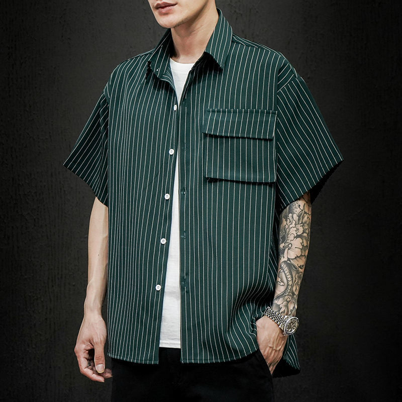 

2021 New Men's Stripe Printing Short Sleeve Coats Hawaiian Shirt Camisa Masculina French Cuff Mens Fashion Green/black Shirts M-5xl Kmiu
