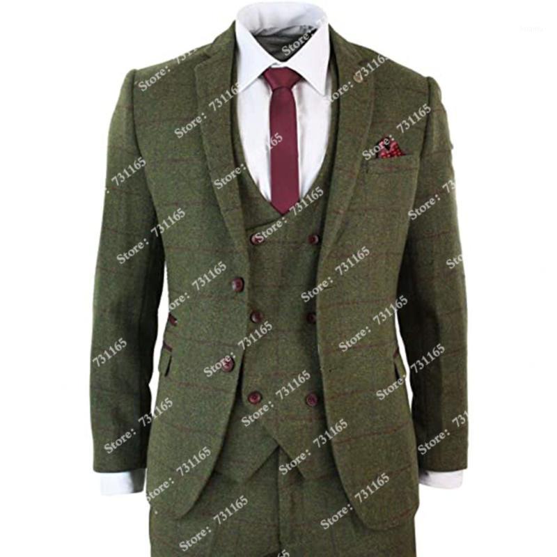 

Tuxedos Green Plaid Checked Tweed Wool Men Suits For Wedding Groom Wear Business Formal Prom Party 3Pcs Blazers Custom Made 2021 Men's &, Army green