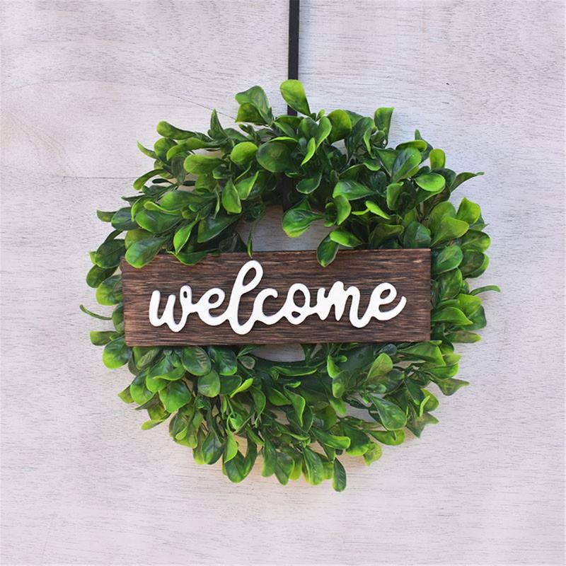 

Green Simulation Wreath Welcome Door Decoration Wooden Sign Pendant Artificial Leaf Wreath For Garlands Wall Hanging Pendant, Multi