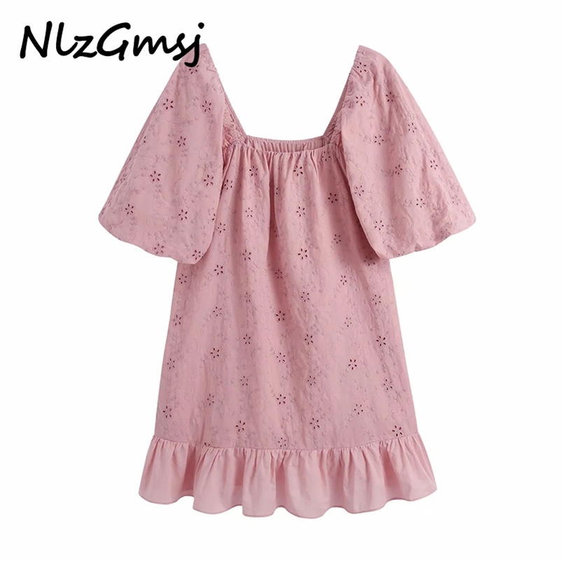 

Women Summer Embroidered Dress Vintage Short Sleeve Openwork Mini Pink es Woman Chic Elastic 03 210628, As picture