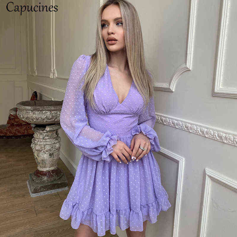 

Capucines Swiss Dot Ruffles Deep V Neck Summer Dress Women Solid Color Lantern Sleeve French Robe A Line Mini Chiffon Dresses G1223, Black