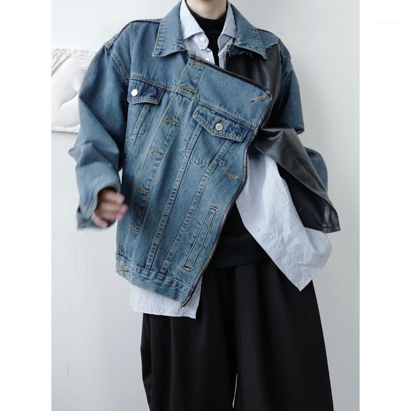 

Men Asymmetry Leather Splice Denim Jacket Male Women Streetwear Vintage Fashion Loose Casual Hip Hop Jeans Coat Outerwear Men's Jackets, N808