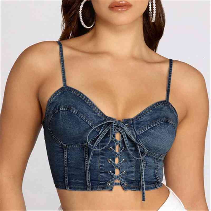 

Denim Crop Top Women Backless Sexy Summer Streetwear Female Clothes Spaghetti Strap Camisole Lace Up Aesthetic Jeans Tank Tops, White
