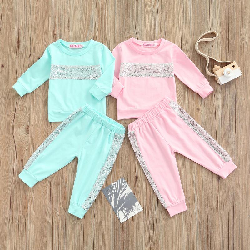 

Clothing Sets Infant Baby Girls Two-piece Clothes Set, Round Collar Long Sleeve Tops With Sequins And Elastic Waist Pants, Blue/ Pink, White