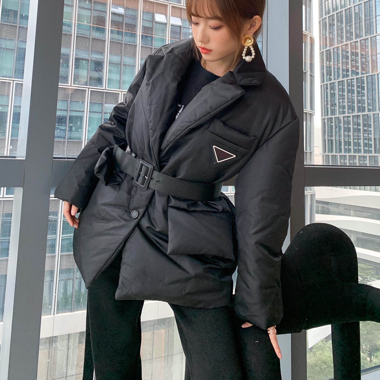 

Women Parkas Three Style Classic Letter Pattern Metal Inverted Triangle Winter Down Jackets High Quality Asian Size