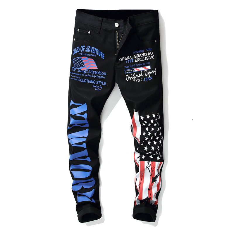 

2021 New Men's Male American Flag Black Stretch Digital Printed Jeans Slim Fit Letters Colored Painted Denim Pants Trousers A7rs, Beige