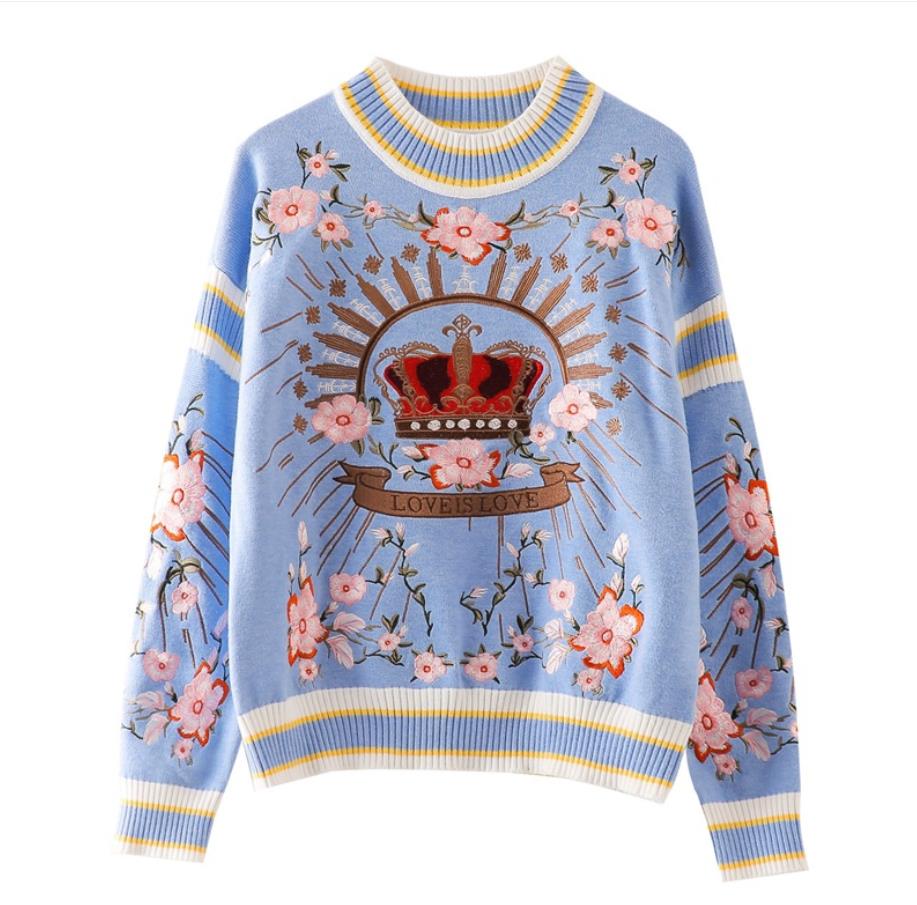 

803 2021 Runway Spring Summer Brand SAme Style Sweater Long Sleeve Crew Neck Pullover Fashion Clothes High Quality Womens qian, Blue
