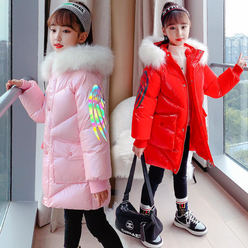 

2021 New Fashion Winter Cotton Jacket Reflexive Girl Butterfly Warm Clothes Children Parka Fur Collar with Hood Long Coats 443v, Blue;gray