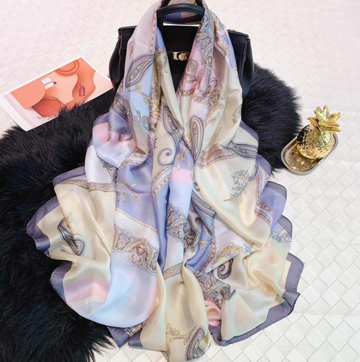 

Scarves Flower Summer Bufanda Mujer Thin Sunscreen Women Scarf Female Beach Wheel Print Simulation Silk Foulard Hijab Shawl, Blue;gray