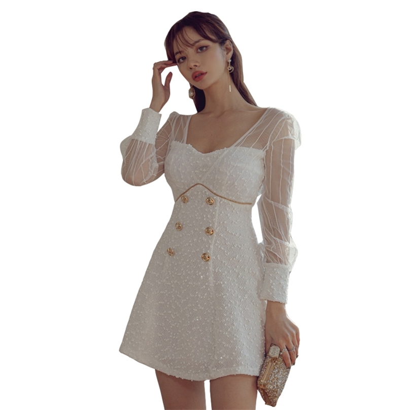

Lace A line Dress korean ladies Summer Long SLeeve hollow out Backless office party Dresses for women clothing 210602, White
