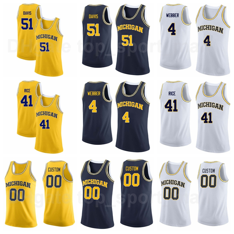 

Basketball College Michigan Wolverines Jersey University 51 Austin Davis 4 Chris Webber 41 Glen Rice 25 Juwan Howard Navy Blue Yellow White, Black