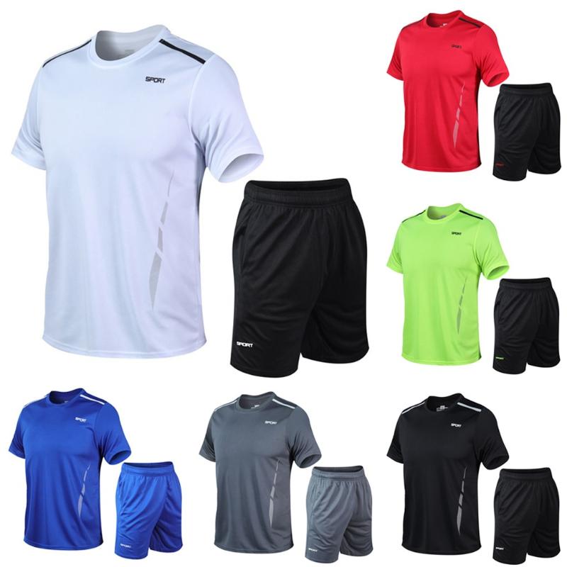 

Gym Clothing 2021 Summer Men's Sports T-shirt Shorts Suit Polyester Leisure Fitness Quick-drying Stretch Short-sleeved, Bu