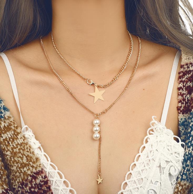 

Pendant Necklaces Vintage Multilayer Long Chian Necklace Women Gold Color Beads Star Choker Jewelry