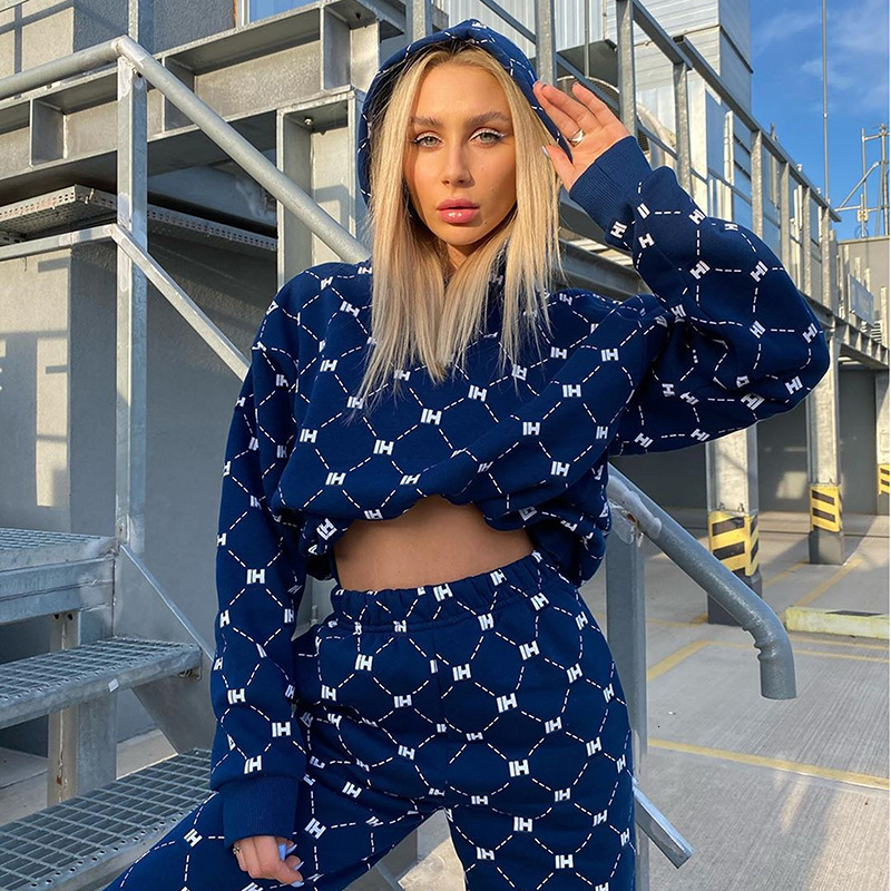 

2021 New Royal Blue Chic Letter Plaid Printing Sweatpants Piece Matching Sweatshirt Design of Luxury Casual Sports Brand Winter Wbri