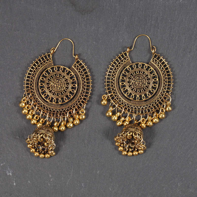 

earring thai indian style street racket earrings hollowed out totem picture wind bell shaped earrings, Golden