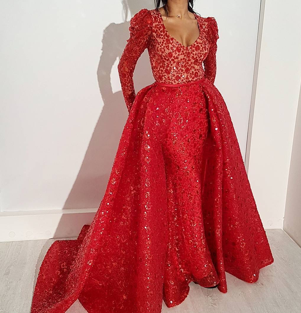2021 Sexy Printed Flower Prom Dresses Evening Gowns V Neck Long Sleeve Red A Line Ball Gown Long Cheap Formal Party Dress-image-738403990