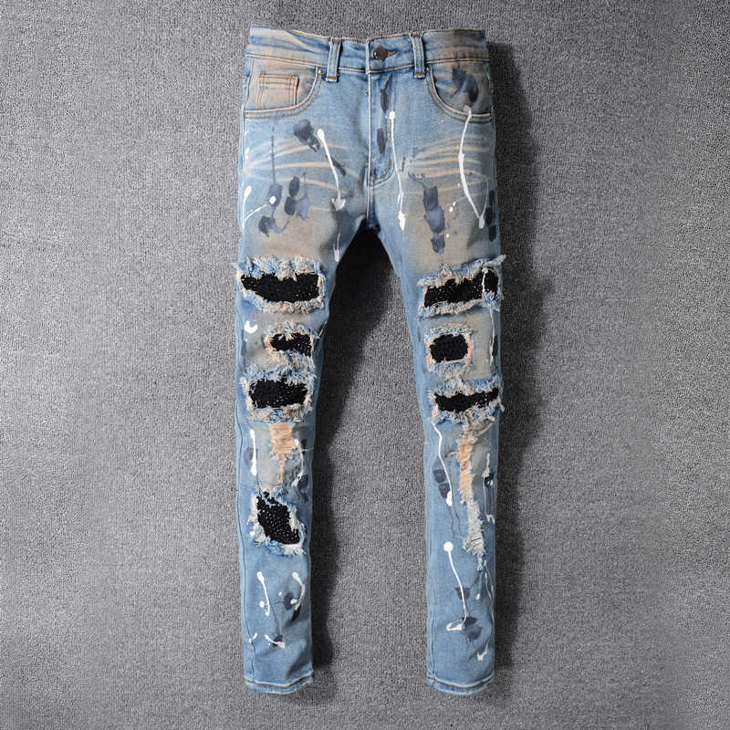 

Fashion Streetwear Men Jeans Retro Blue Dirty Wash Painted Designer Patchwork Punk Denim Trousers Hip Hop Destroyed Ripped Pants