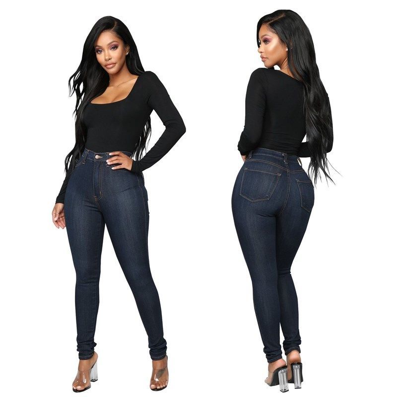 

2021 New Tall Figure-hugging Super-elastic Blue Denim Sexy Pencil Thin Women's Brim Pants Kyny, Dark blue.