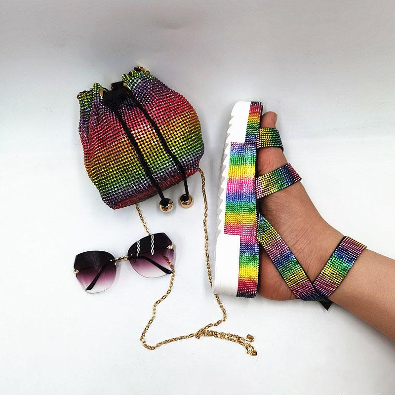 

2021 New Arrival Rainbow Rhinestone Sandals Fashion Crystal Purses Set Slippers Women Summer Bag Slides Dames Schoenen Klapki, Rhinestone purses