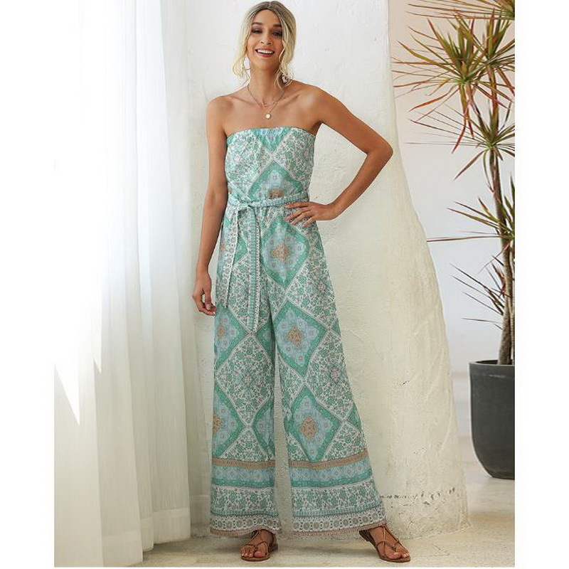 

2021 New Summer Elegant Printing Casual with Sashes Full Length Sexy Strapless Women Jumpsuit Kxlj, 03