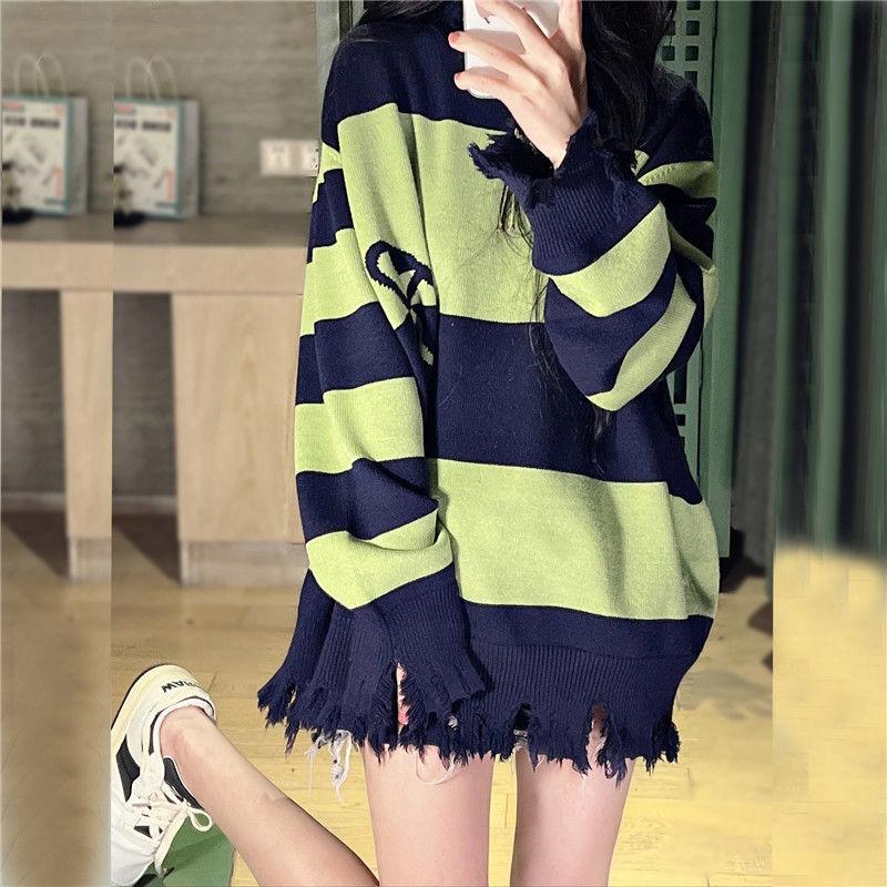 

Women' Sweaters Deeptown Korean Style Green Striped Sweater Women Preppy Fashion Oversize Patchwork Knitted Jumper Harajuku Long Sleeve Pul