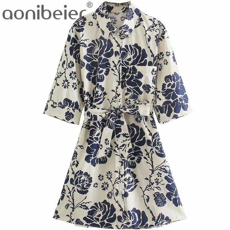 

Fashion Printed Roll-Up Half Sleeve Women Casual Shirt Dress Summer Single Breasted Female Mini with Sashes 210604, 01